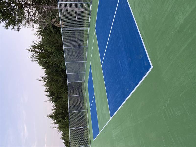 Freshly painted pickleball court lines on pavement